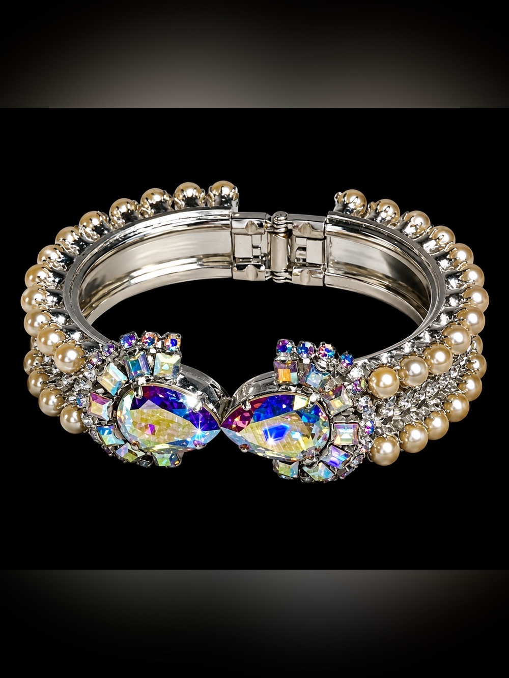 Rodrigo Otazu Aurora Swarovski Crystal Pearl Cuff Bracelet, Silver Setting, NWOT